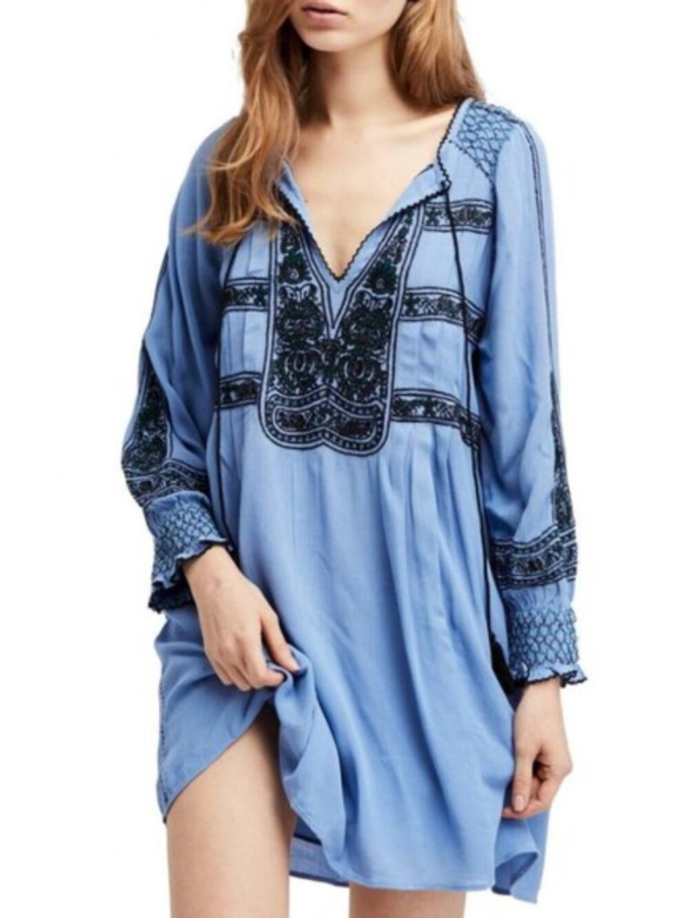 Free People Wind Willow Mini Peasant Dress in River Skies Size XS